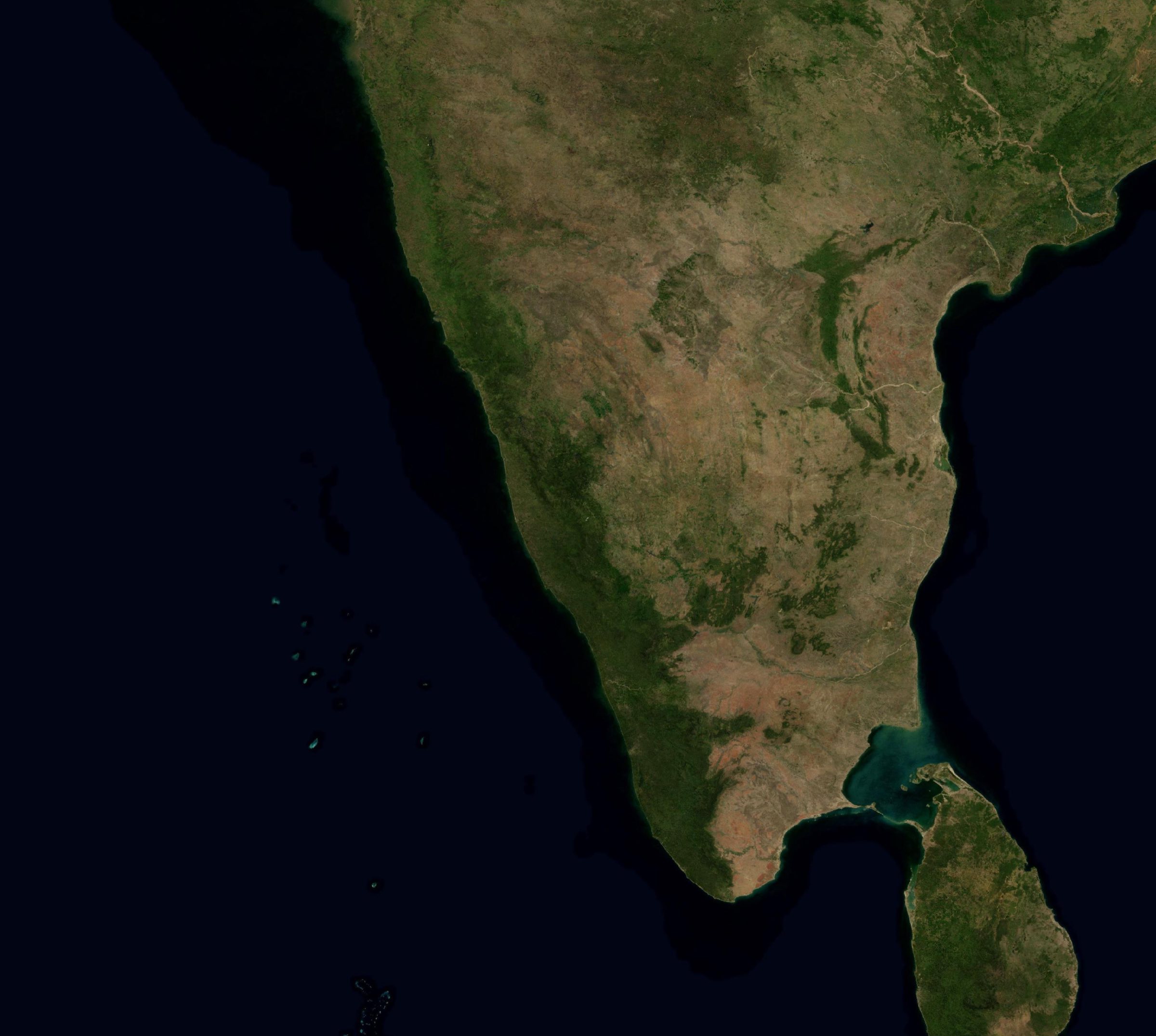 NASA Blue Marble satellite view of the Western Ghats and the Deccan interior